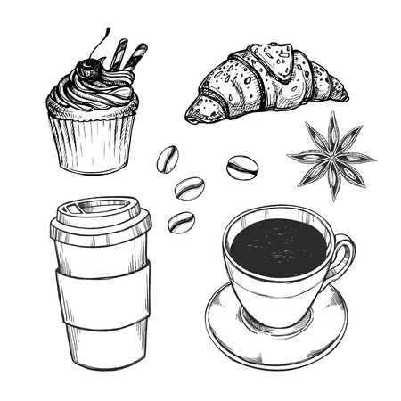 Hand drawn vector illustration - Coffee set (croissant, cupcake, coffee to go and cup of tea). Design elements in sketch style. Perfect for prints, cards, menu etcのイラスト素材