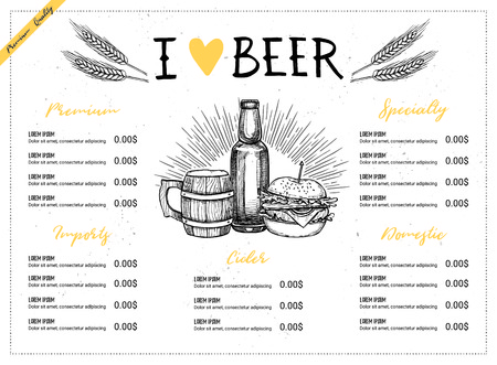 Hand drawn vector illustration - Beer menu (Light / Dark / Red / White). I love beer. Perfect for restaurant brochure, cafe flyer, delivery menu. Design template with illustrations in sketch style.のイラスト素材