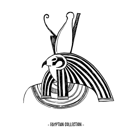 Hand drawn vector illustration - Egyptian collection. The gods of ancient Egypt, Horus. Perfect for invitation, web, postcard, poster, textile, print etc.のイラスト素材