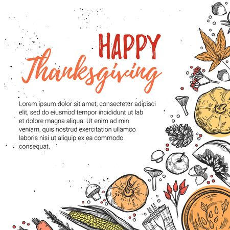 Hand drawn vector illustration. Background with autumn elements ( carrot, pumpkin, rowan, mushroom, corn, acorn, apple, fork etc). Happy thanksgiving!のイラスト素材