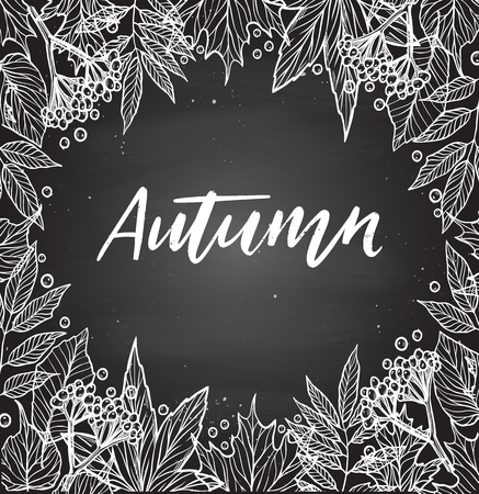 Hand drawn vector illustration. Chalky background with Fall leaves and berries. Forest design elements. Autumn!のイラスト素材