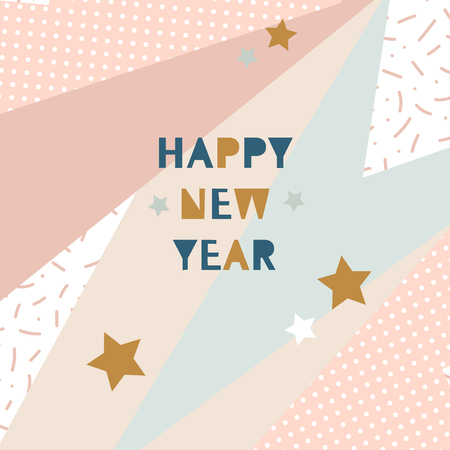 Hand drawn vector illustration - Happy new year in the style of 80's. Pattern with  abstract elements. Memphis design. Retro background. Perfect for invitations, greeting cards, posters, prints etcのイラスト素材