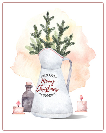 Watercolor illustration. Decorative christmas card with fir trees and candles. Perfect for invitations, greeting cards, blogs, posters and more. Merry christmas and happy new yearの写真素材