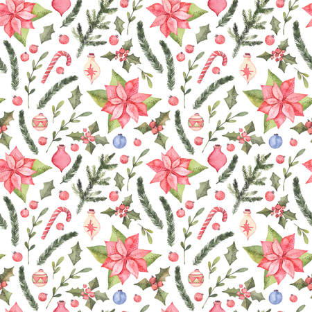 Watercolor illustration. Decorative christmas seamless pattern with floral elements, christmas decorations, poinsettia etc. Perfect for invitations, greeting cards, packing, gift wrapping, prints and more. Merry christmas and happy new yearの写真素材
