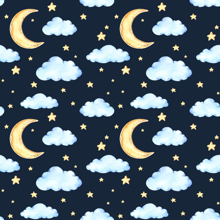 Watercolor seamless pattern - moon and stars. Ideas for a children's room. Good night. Baby shower party elements. Perfect for prints, postcards, greeting cards, fabric etcの写真素材