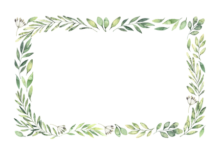 Hand drawn watercolor illustration. Botanical rectangular border with green branches and leaves. Spring mood. Floral Design elements. Perfect for invitations, greeting cards, prints, posters, packing etc
の写真素材