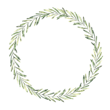 Hand drawn watercolor illustration. Botanical wreath of green branches and leaves. Spring mood. Floral Design elements. Perfect for invitations, greeting cards, prints, posters, packingの写真素材