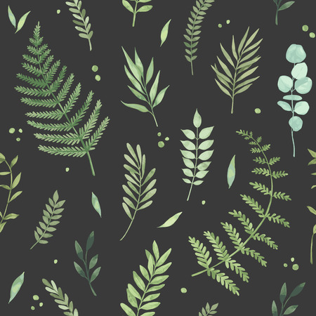 Vector watercolor seamless pattern. Spring is coming. Botanical background with green leaves, branches and herbs. Floral Design elements. Perfect for invitations, cards, textiles, packing, fabricのイラスト素材