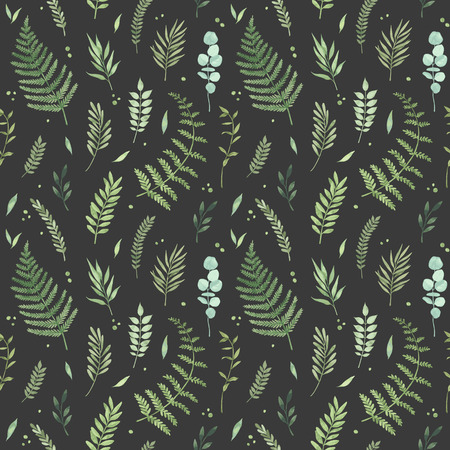 Vector watercolor seamless pattern. Spring is coming. Botanical background with green leaves, branches and herbs. Floral Design elements. Perfect for invitations, cards, textiles, packing, fabricのイラスト素材