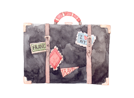 Watercolor illustration - Let's go travel. Fashion suitcase with stickers. Trip to World. Perfect for invitations, greeting cards, prints, flyers, posters etcの写真素材