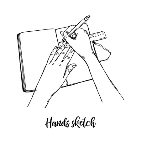 Hand drawn vector illustration set of hand gestures. Man holds notebook and draws sketch style. Perfect for business presentations, magazines, prints, posters.のイラスト素材