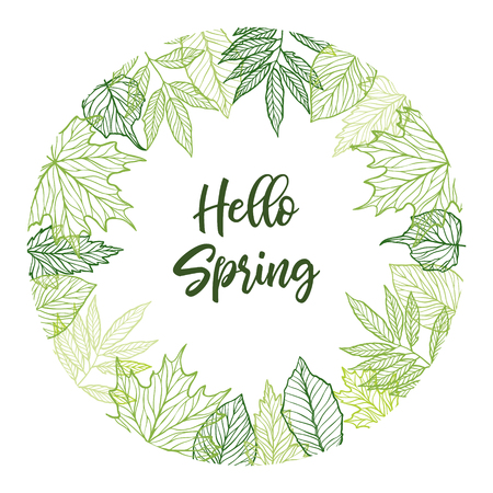 Hand drawn vector illustration spring label with green leaves, herbs and branches. Floral design elements, perfect for wedding invitations, greeting cards, blogs, posters and more.のイラスト素材