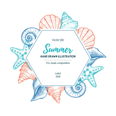 Summer seashell label. Hand drawn vector illustration. Marine pre-made composition. Perfect for invitations, greeting cards, posters, prints, banners, flyers etcのイラスト素材