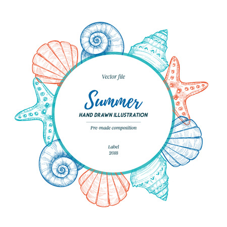 Summer seashell label. Hand drawn vector illustration. Marine pre-made composition. Perfect for invitations, greeting cards, posters, prints, banners, flyers etcのイラスト素材
