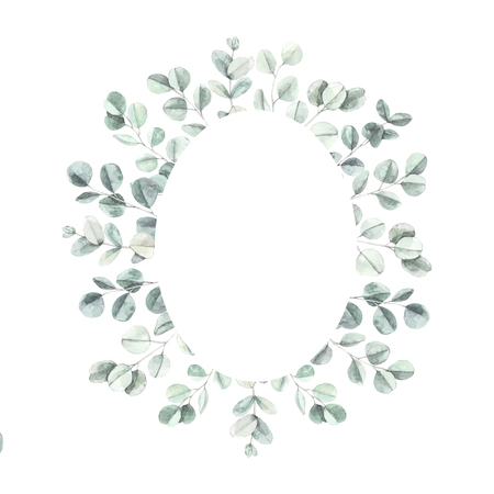 Watercolor botanical illustration. Branches and leaves of green eucalyptus. Botanical design elements. Perfect for wedding invitations, cards, frames, posters, packing.の写真素材