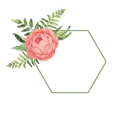 Watercolor illustration. Botanical frame with fern branches and peony flower. Floral design elements. Perfect for weddng invitations, greeting cards, blogs, posters and moreの写真素材