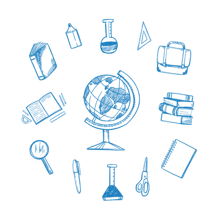 Hand drawn vector illustration - Back to school. Sketch design elements. Education, study, teacher, school supplies. Perfect for presentations, web, bunners, advertisingのイラスト素材