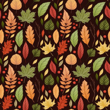 Hand drawn vector illustration. Seamless pattern with fall leaves. Forest background. Colors of Autumnのイラスト素材
