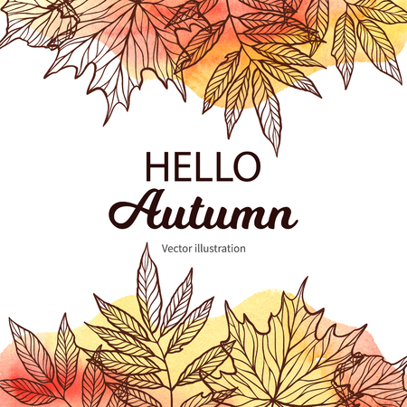 Hand drawn vector illustration. Frame with Fall leaves and watercolor background. Forest design elements. Hello Autumn! Perfect for seasonal advertisementのイラスト素材