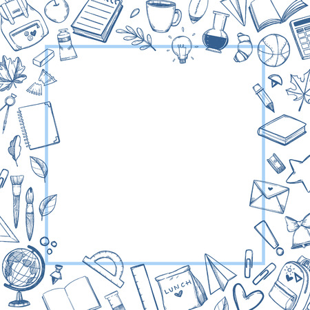 Hand drawn vector illustration - Back to school background. Sketch design elements. Education, study, teacher, school supplies. Perfect for notebook, presentations, web, bunners, advertisingのイラスト素材