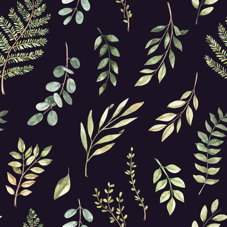 Spring watercolor seamless pattern. Botanical background with eucalyptus, branches, fern and leaves. Greenery illustration. Floral Design. Perfect for invitations, wrapping paper, textile, fabricの写真素材