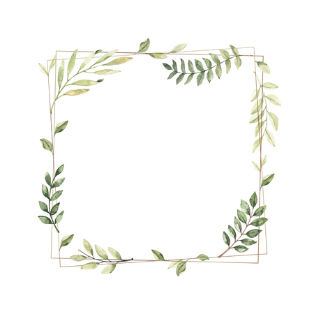 Hand drawn watercolor illustration. Geometric gold frame with botanical branches and leaves. Greenery. Floral Design elements. Perfect for wedding invitations, cards, prints, posters, packingの写真素材