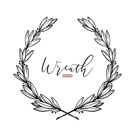 Hand drawn vector illustration. Botanical laurel wreath with branches and leaves. Floral design elements. Perfect for weddng invitations, greeting cards, postersのイラスト素材