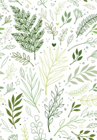 Spring seamless pattern. Botanical background with eucalyptus, branches, fern and leaves. Floral Design. Greenery. Hand drawn illustration. Perfect for invitations, wrapping paper, textile, fabricのイラスト素材