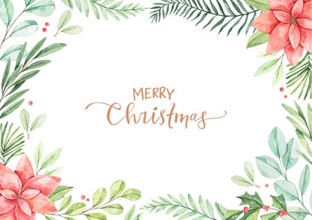 Christmas frame with eucalyptus, fir branch, poinsettia and holly - Watercolor illustration. Happy new year. Winter background with greenery elements. Perfect for cards, invitations, banners, postersの写真素材