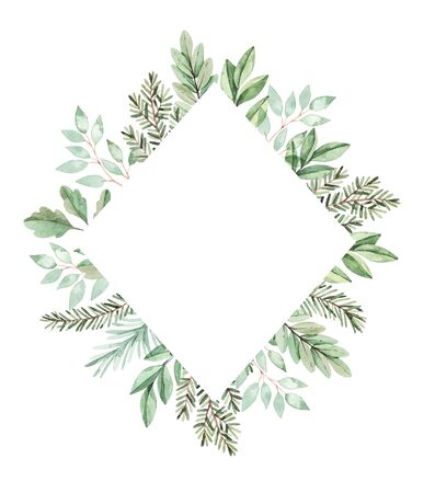 Hand drawn watercolor illustration. Botanical frame with eucalyptus, fir-tree branches and green leaves. Greenery. Floral Design elements. Perfect for invitations, cards, prints, posters, packingの写真素材