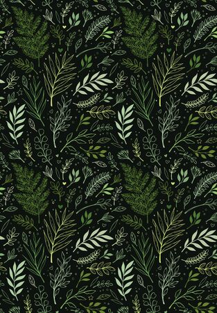 Spring seamless pattern. Botanical background with eucalyptus, branches, fern and leaves. Floral Design. Greenery. Hand drawn illustration. Perfect for invitations, wrapping paper, textile, fabricのイラスト素材