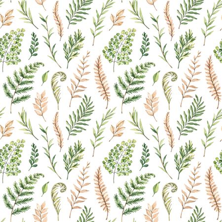 Greenery watercolor seamless pattern. Botanical background with green branches, leaves and fern illustrations. Floral Design. Perfect for invitations, wrapping paper, textile, fabric, poster, packingの写真素材