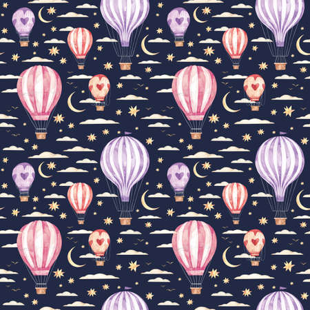 Watercolor seamless pattern. Air balloons, moon, clouds and stars. Ideas for a children's room. Baby shower party elements. Perfect for invitation, print, postcard, fabric, wrapping paper, wallpaperの写真素材