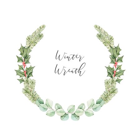 Watercolor christmas illustration. Winter botanical wreath with eucalyptus, fir tree branches and holly. Xmas artwork with floral elements. Perfect for wedding invitation, greeting card, printの写真素材
