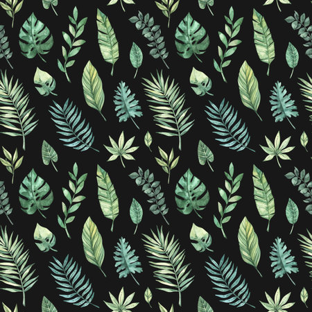 Watercolor seamless pattern. Summer tropical background. Tropical palm leaves (monstera, areca, fan,...