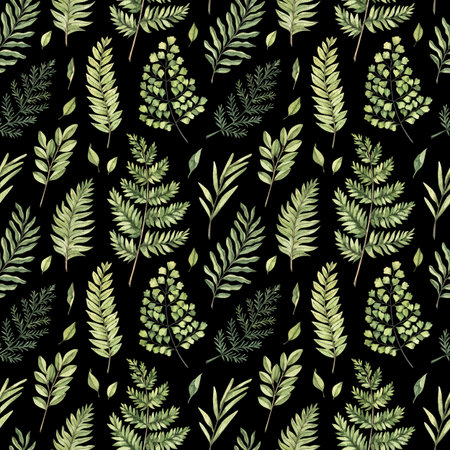 Greenery watercolor seamless pattern. Botanical black background with green branches, leaves and...