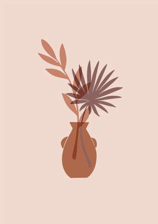 Abstract vector poster with vase and tropical branches and leaves. Contemporary art. Botanical artwork in modern style in warm colors. Summer vibes.のイラスト素材