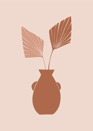 Abstract vector poster with vase and tropical branches and leaves. Contemporary art. Botanical artwork in modern style in warm colors. Summer vibes.のイラスト素材