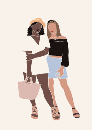 Abstract colorful women vector poster. Contemporary art in terracotta colors. Beauty fashion female figures in modern style. Friendship. Summer vibes.のイラスト素材