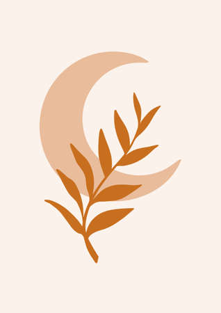 Abstract vector background with warm shades. Contemporary art with moon and branch. Art Textures in modern style. Autumn vibes. Perfect for print, poster, social media, cards, storiesのイラスト素材