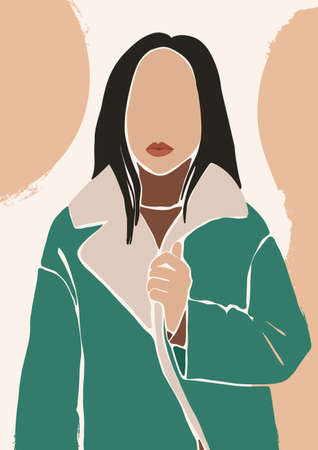 Abstract woman vector portrait with textures. Contemporary art with terracotta colors. Fashion female figure in modern style. Season Autumn Winter. Perfect for print, poster, social media, cardsのイラスト素材