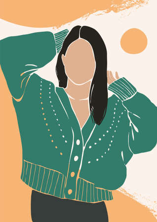 Abstract woman vector portrait with textures. Contemporary art with terracotta colors. Fashion female figure in modern style. Season Autumn Winter. Perfect for print, poster, social mediaのイラスト素材