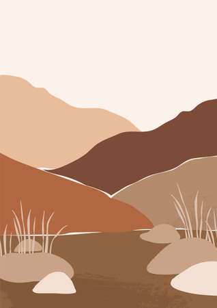 Abstract vector illustration of landscape with textures. Contemporary art. Mountains in modern style. Outdoor background. Perfect for print, poster, social mediaのイラスト素材
