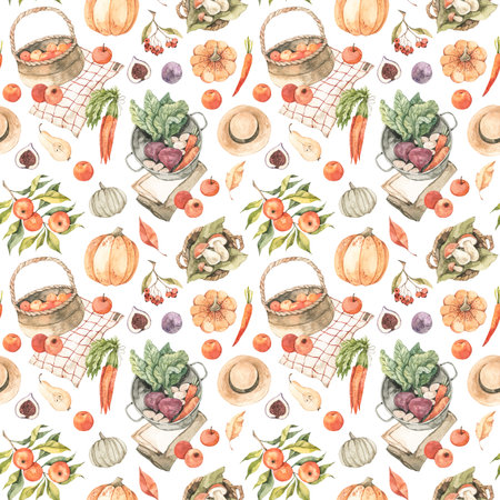 Watercolor seamless pattern - Autumn harvest. Picnic with fall leaves, apple basket, apple pie,...