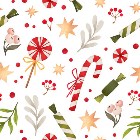 Watercolor Christmas Seamless pattern with foliage and candy. Winter background with red berries,...