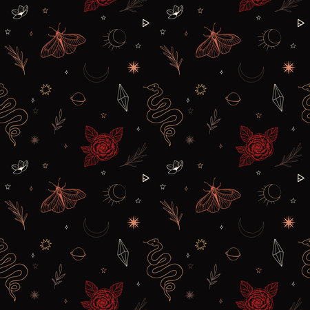 Modern hand drawn vector seamless pattern of moon, snake, flowers and floral leaves, magic elements. Abstract line drawing, moth, crystal, tattoo background. Trendy space signs of floral motifsのイラスト素材