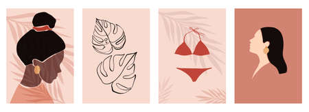 Posters collection. Abstract colorful woman vector portraits. Contemporary art with terracotta colors. Monstera leaves and swimwear. Tropical vibes. Perfect for print, poster, social mediaのイラスト素材