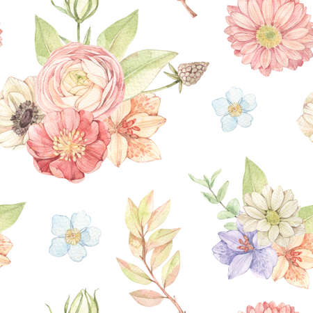 Watercolor floral seamless pattern with gentle field flowers, leaves, eucalyptus. Botanical bouquets with Ranunculus, lilies, gerberas. Perfect for fabric, packages, wrapping paper, textile, cards.の写真素材