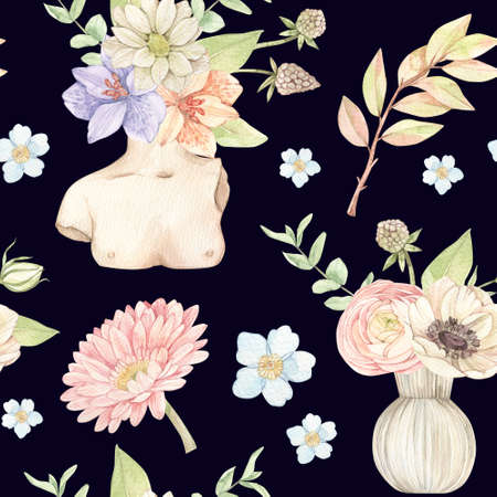 Watercolor floral seamless pattern with field flowers, bouquets, eucalyptus and vases. Botanical modern fabric with Ranunculus, lilies, gerberas, anemones. Perfect for packing, wrapping paper, textile.の写真素材