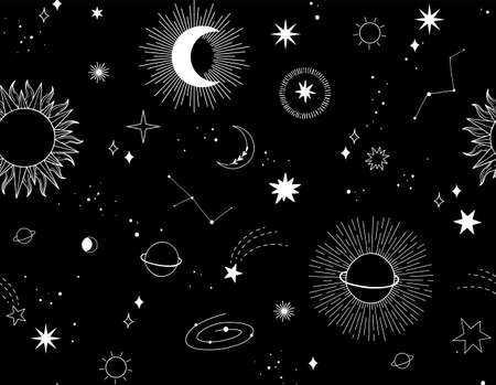 Modern hand drawn vector seamless pattern of planet, star, sun, comet. universe line drawings. solar system and cosmos background. Trendy space signs with magic motifs, constellation, moon phasesのイラスト素材